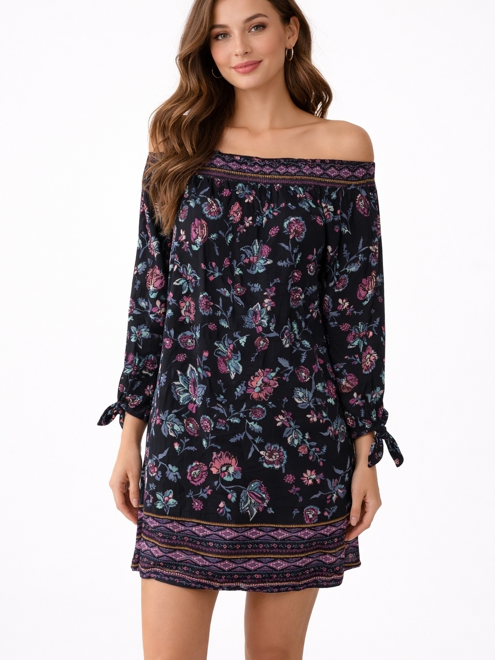 beachlunchlounge Black Off-Shoulder Mini Dress with Pink Floral Print